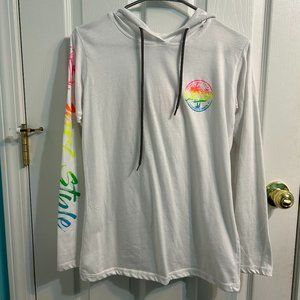 Long Sleeve White Tee with Neon Design and Hood